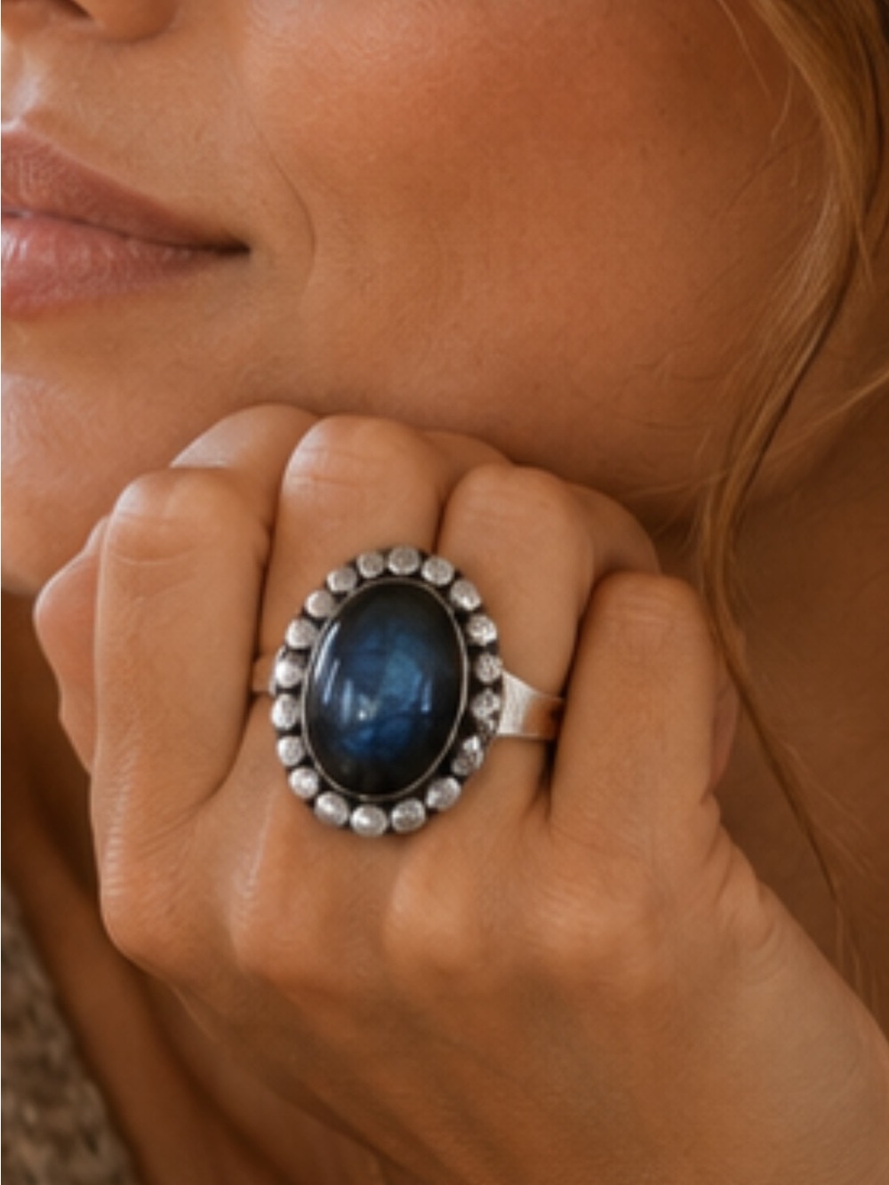Sterling Silver Plated Labradorite Oval Cocktail Ring - Blue